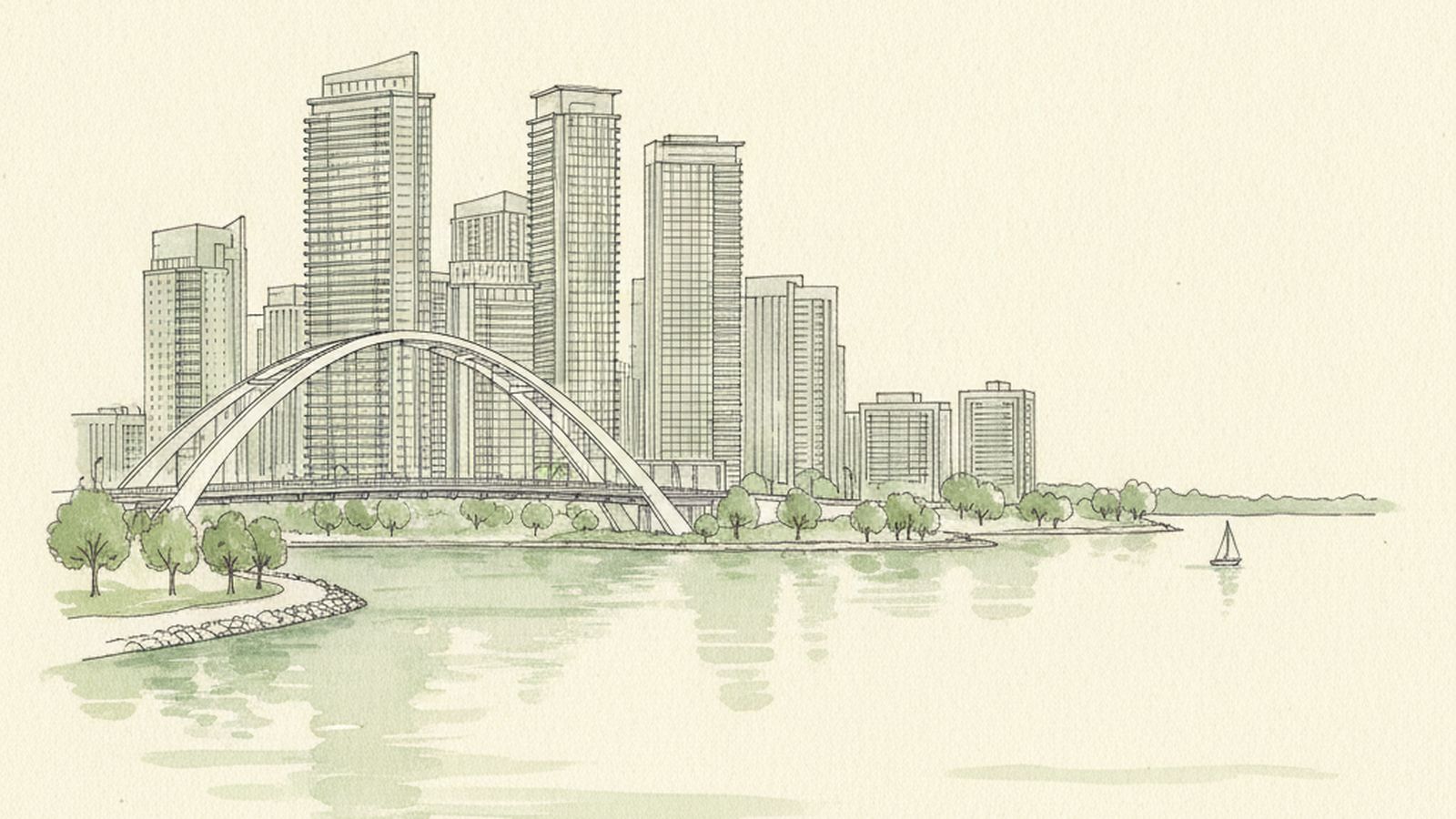 Line-art illustration of the Humber Bay Arch Bridge with the Humber Bay Shores condo towers behind it on Lake Ontario