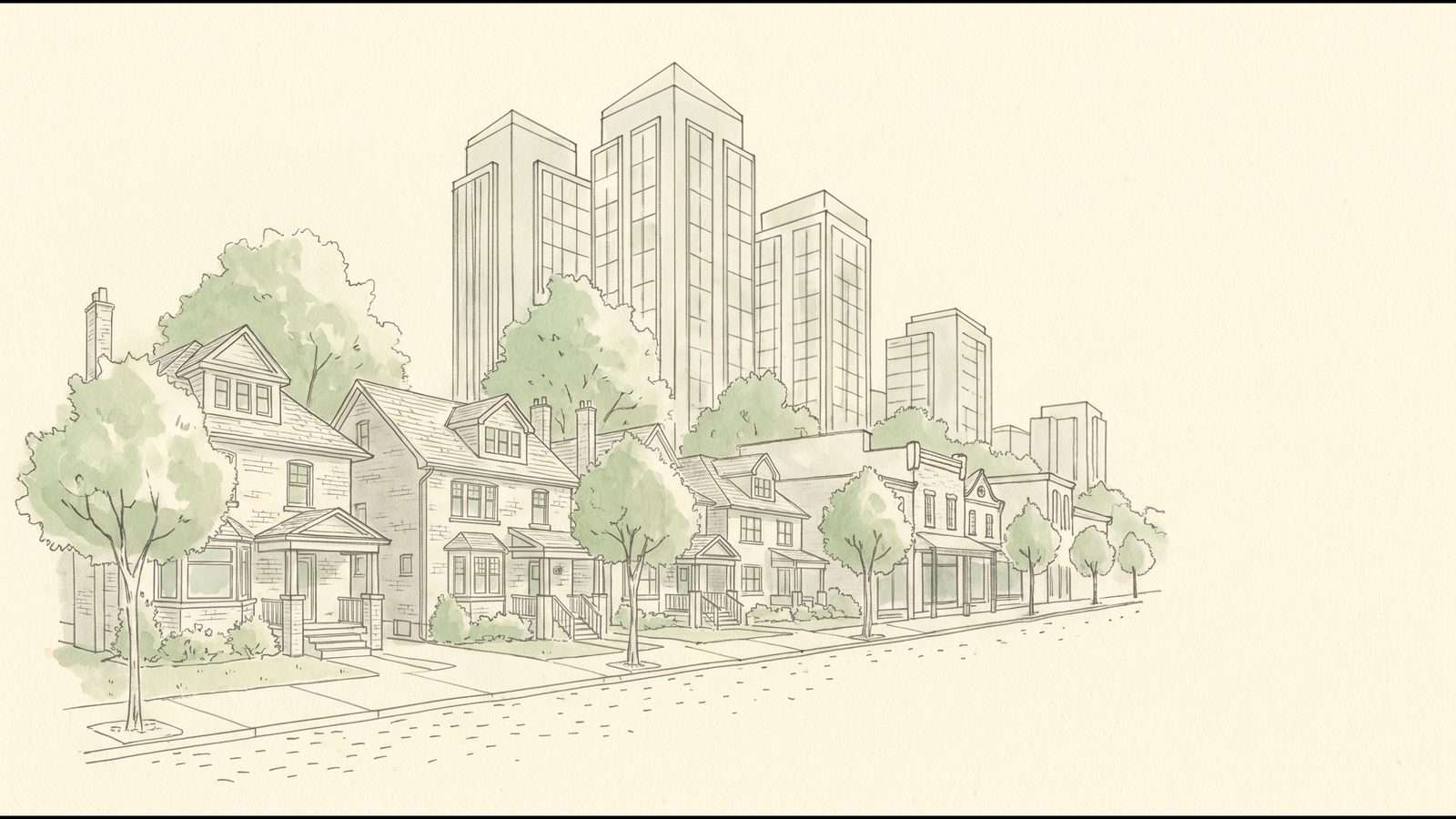 Line-art illustration of a Leaside street: 1930s brick homes and Bayview Avenue shops with the Laird and Eglinton condo towers rising behind