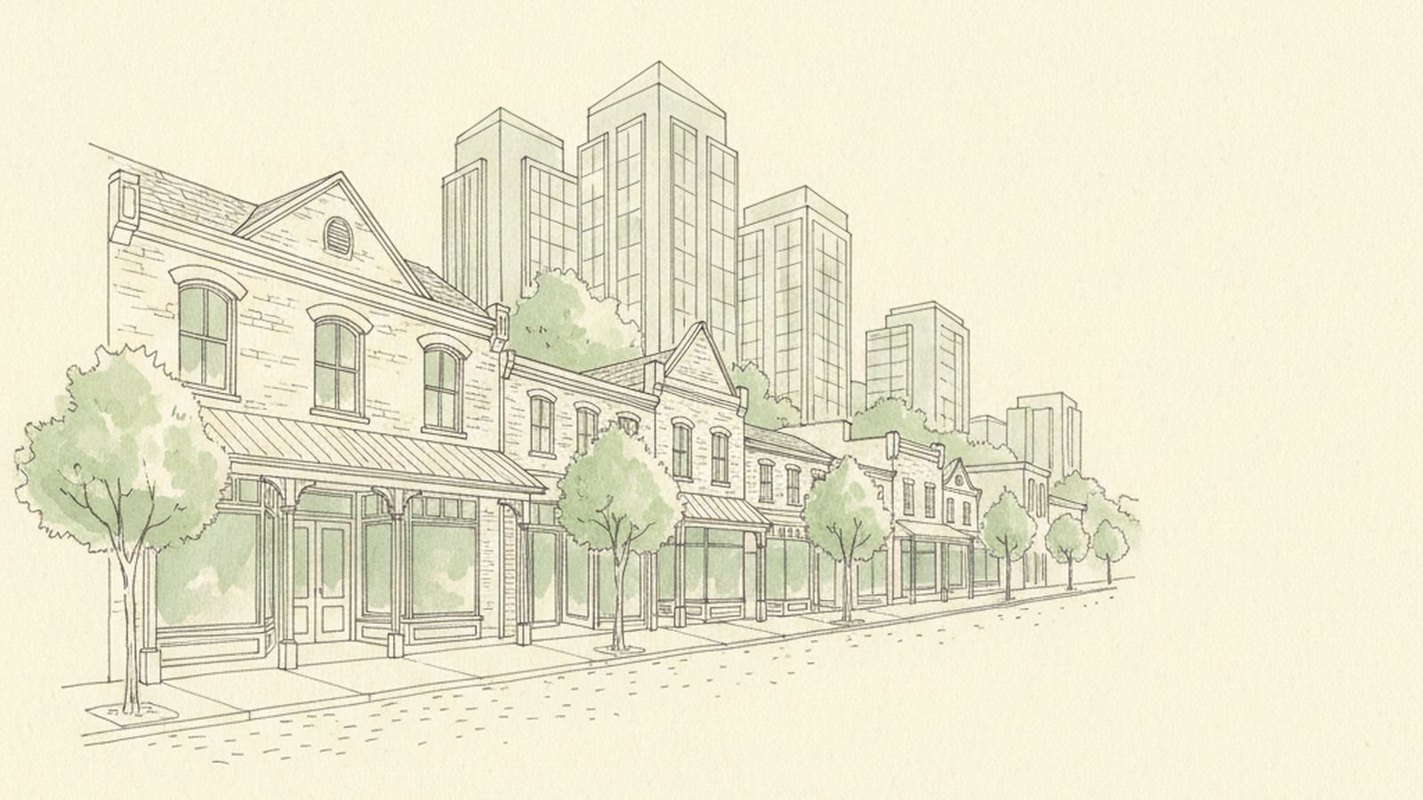 Line-art illustration of Unionville Main Street heritage shops with modern Markham Centre towers rising behind
