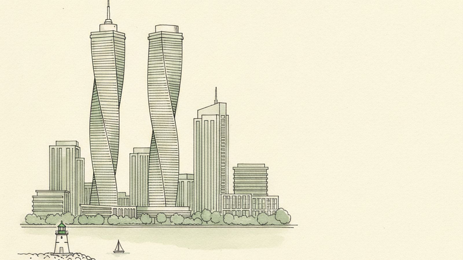 Line-art illustration of Mississauga's curved Absolute World towers and City Centre skyline with the Port Credit lighthouse in the foreground