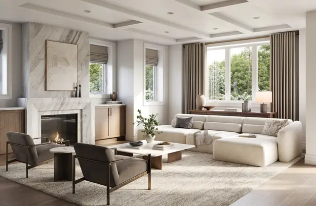 Great room rendering in a 50-foot single at Five Oaks