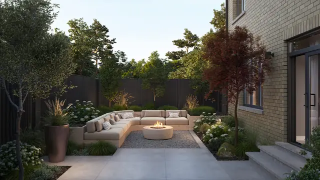 Rendering of a backyard and rear exterior at Five Oaks
