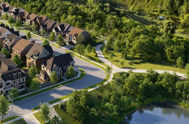 Aerial rendering of the pond and pathway at Five Oaks