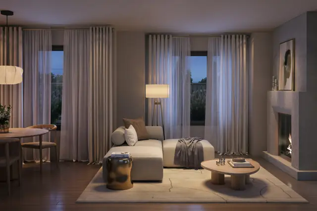 Great room rendering in a townhome at Five Oaks
