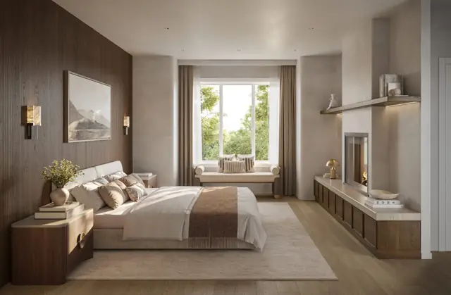 Primary bedroom rendering in a townhome at Five Oaks