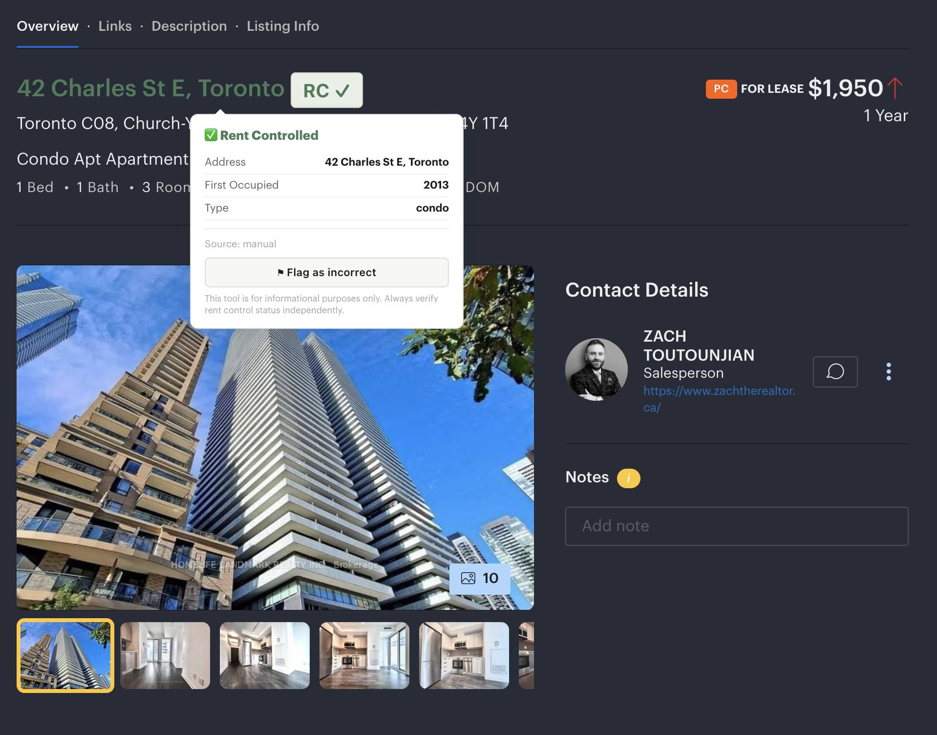 Rent Control Checker expanded details showing address, first occupied year, and type